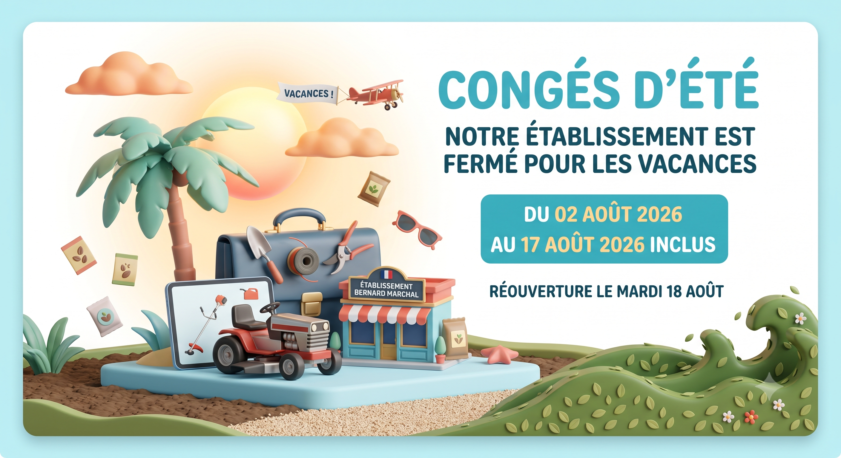 Notre établissement est fermé pour les vacances, du 02/08/2026 au 17/08/2026 inclus